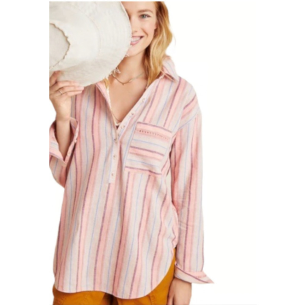 Anthropologie Maeve‎ Lida Linen Cotton Popover Top Blouse in Pink Stripes, Small